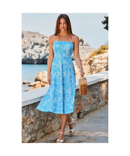Sosandar Womens Blue Fleck Print Ruched Front Bandeau Midi Jersey Dress