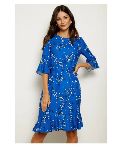 Sosandar Womens Blue Floral Print Ruffle Hem Dress