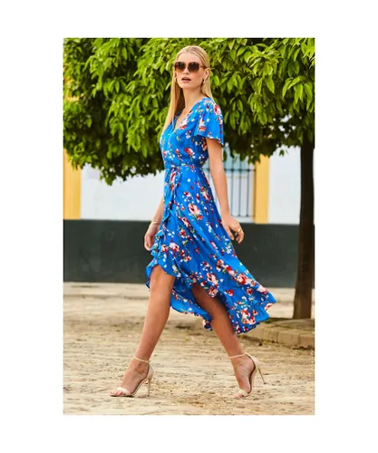 Sosandar Womens Blue Floral Print Ruffle Hem Wrap Dress
