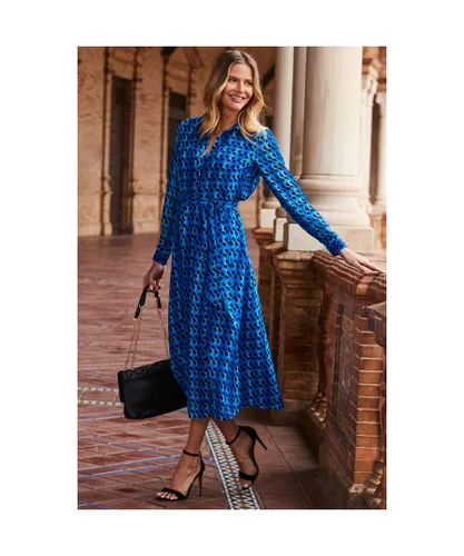 Sosandar Womens Blue Geometric Print Belted Midi Shirt Dress