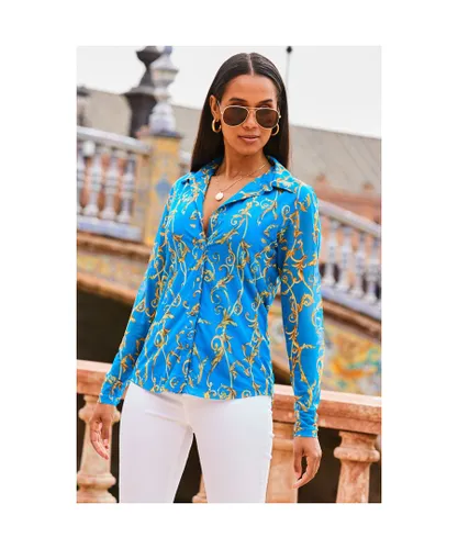 Sosandar Womens Blue & Gold Baroque Print Mesh Shirt