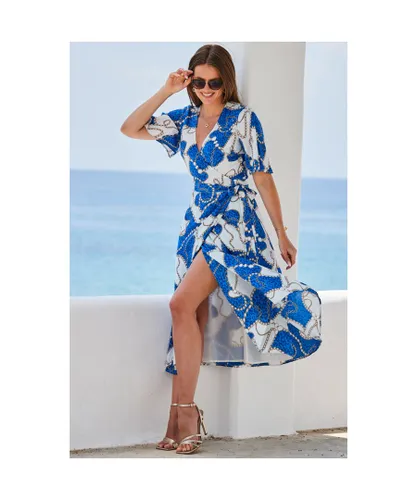 Sosandar Womens Blue & Ivory Chain Print Kimono Sleeve Wrap Dress