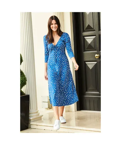 Sosandar Womens Blue & Ivory Fleck Print Ruched Detail Midi Jersey Dress Viscose