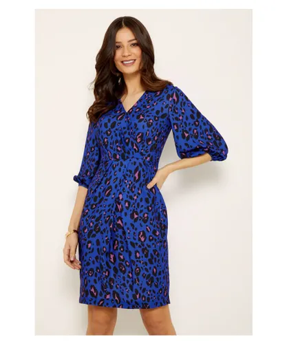 Sosandar Womens Blue Leopard Print Dress With Puff Sleeves