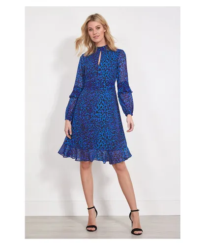 Sosandar Womens Blue Leopard Print Fit & Flare Ruffle Dress - Animal