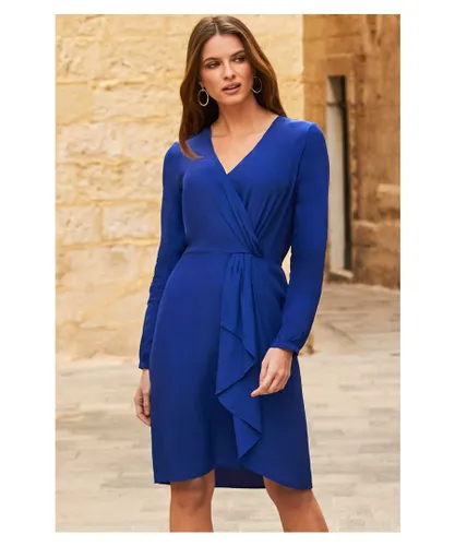 Sosandar Womens Blue Ruffle Detail Faux Wrap Dress