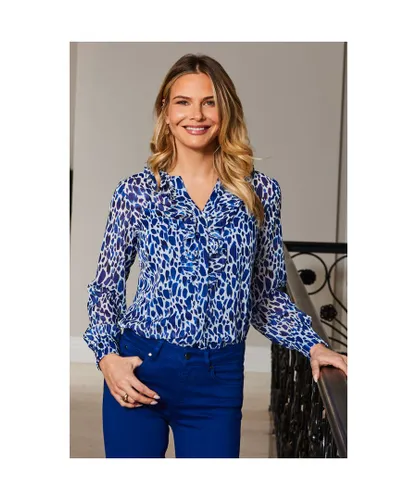 Sosandar Womens Blue & White Fleck Print Ruffle Detail Shirt