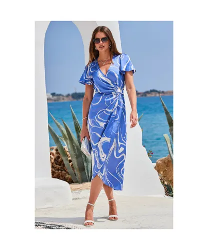 Sosandar Womens Blue & White Swirl Print Ring Detail Satin Wrap Dress