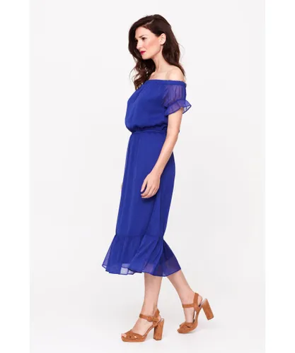 Sosandar Womens Blueberry Bardot Frill Hem Dress - Blue