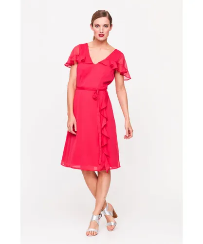 Sosandar Womens Bright Pink Ruffle Front Dress