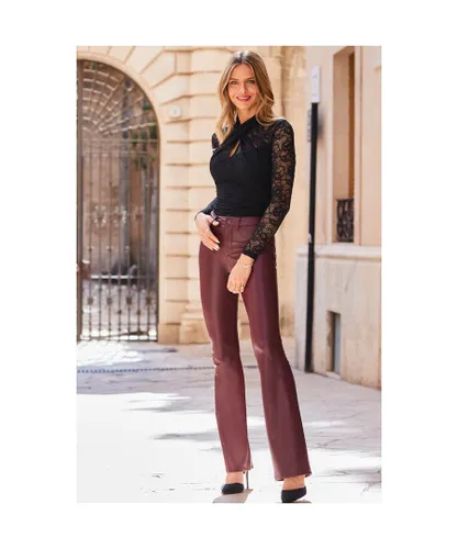 Sosandar Womens Burgundy Faux Leather Button Front Kick Flare Trousers