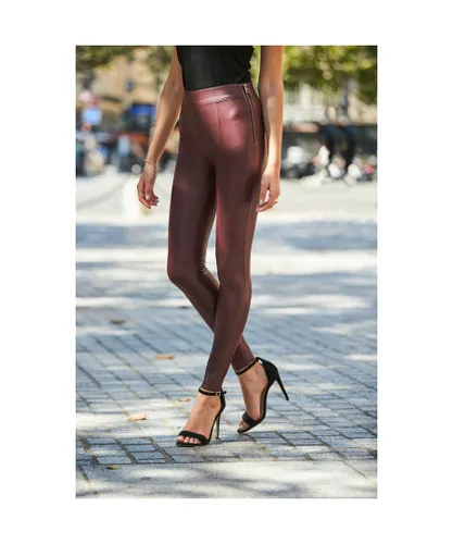 Sosandar Womens Burgundy Leather Look Seam Detail Premium Leggings - Red
