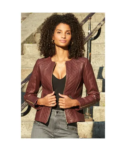 Sosandar Womens Burgundy Quilted Leather Collarless Jacket - Red