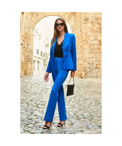 Sosandar Womens Cobalt Blue Kick Flare Tuxedo Trousers
