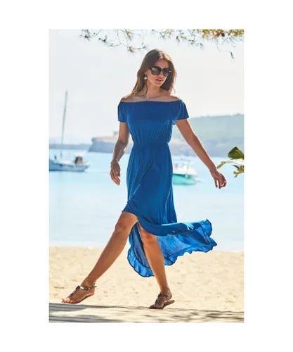 Sosandar Womens Cobalt Blue Ruffle Detail Side Split Bardot Dress