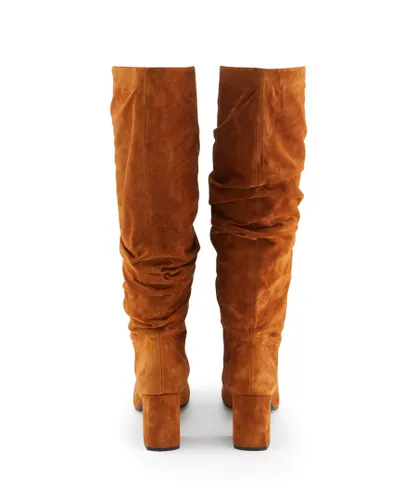 Sosandar Womens Cognac Brown Suede Pull On Knee High Boot Leather