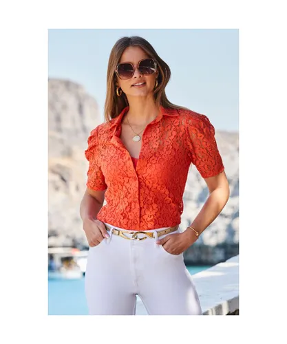 Sosandar Womens Coral Ruched Shoulder Lace Shirt - Orange