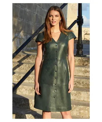 Sosandar Womens Dark Green Leather V Neck Popper Front Dress