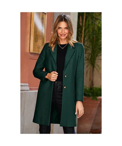 Sosandar Womens Dark Green Wool Mix Coat With Button Detail