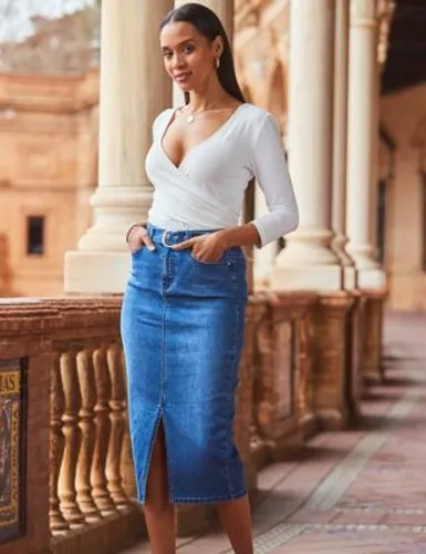 Sosandar Womens Denim Belted Midi Pencil Skirt - 6 - Mid Blue, Mid Blue