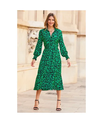 Sosandar Womens Green Animal Print Cuffed Sleeve Midi Shirt Dress