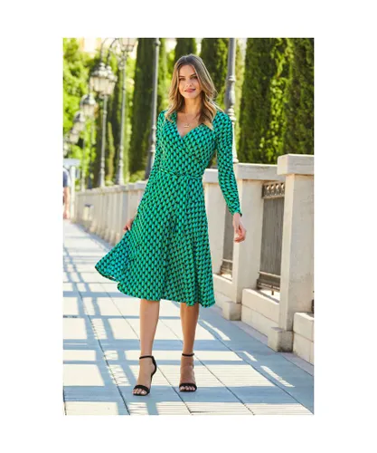 Sosandar Womens Green & Black Geometric Print Ruched Shoulder Wrap Jersey Dress