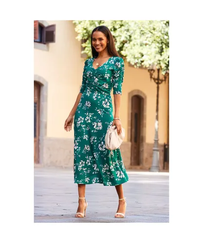 Sosandar Womens Green Floral Print Ruched Front Midi Jersey Dress