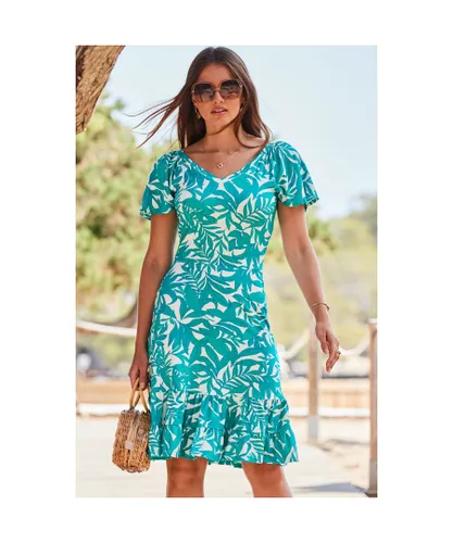 Sosandar Womens Green Floral Print Ruffle Hem Fit & Flare Jersey Dress Denim