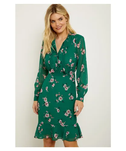 Sosandar Womens Green Floral Print Tie Neck Ruffle Hem Dress