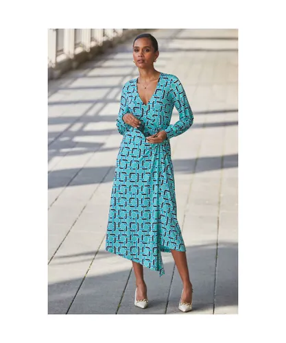 Sosandar Womens Green Geometric Print Blouson Sleeve Wrap Jersey Midi Dress