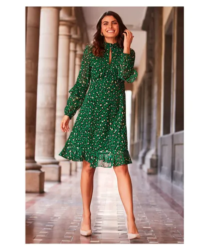 Sosandar Womens Green Leopard Print Fit & Flare Ruffle Dress
