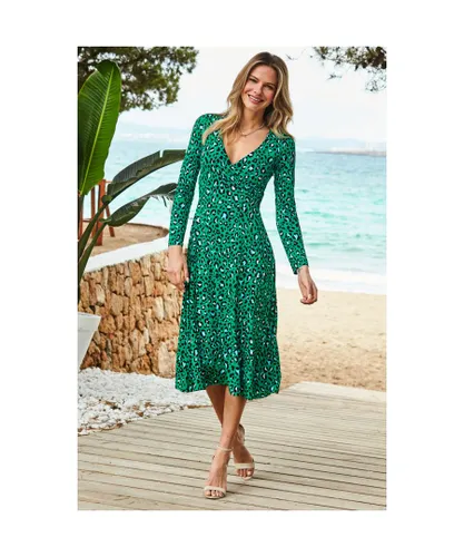Sosandar Womens Green Leopard Print Wrap Front Midi Dress