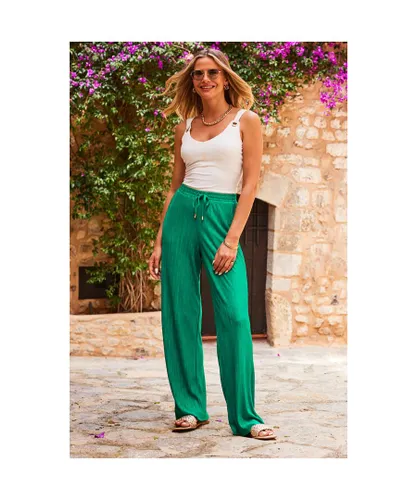 Sosandar Womens Green Plisse Wide Leg Trouser