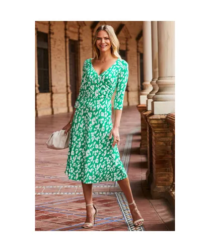 Sosandar Womens Green & White Animal Print Wrap Front Fit & Flare Midi Jersey Dress
