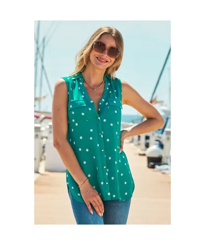 Sosandar Womens Green & White Spot Longline Sleeveless Shirt Viscose