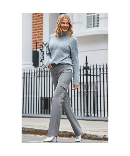 Sosandar Womens Grey Faux Leather Wide Leg Cargo Trousers With Pocket Detail