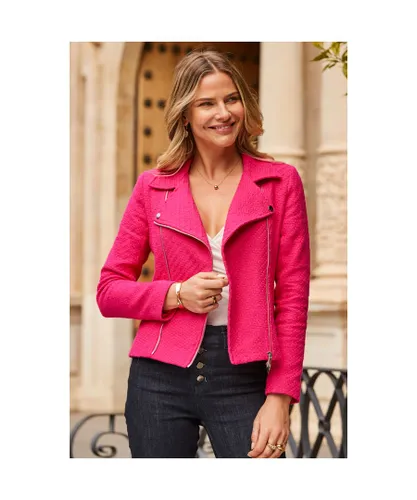 Sosandar Womens Hot Pink Boucle Biker Jacket With Gold Zip Detail Cotton