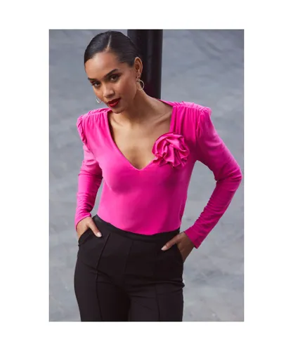 Sosandar Womens Hot Pink Corsage Detail Ruched Shoulder Top