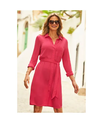 Sosandar Womens Hot Pink Crinkle Belted Midi Shirt Dress