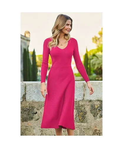 Sosandar Womens Hot Pink V Neck Rib Fit & Flare Knitted Dress