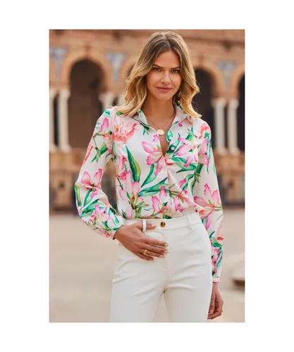 Sosandar Womens Ivory Floral Print Blouson Sleeve Satin Shirt