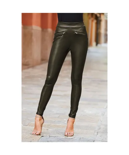 Sosandar Womens Khaki Green Leather Look Premium Leggings