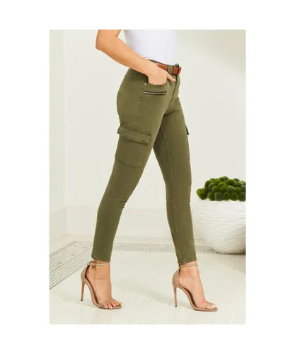Sosandar Womens Khaki Green Zip Detail Cargo Skinny Jeans Cotton