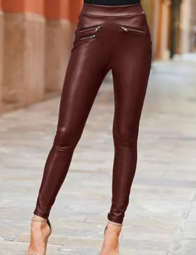 Sosandar Womens Leather Look High Waisted Leggings - 8REG - Burgundy, Burgundy