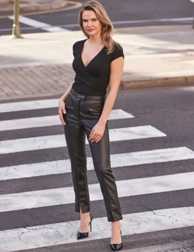 Sosandar Womens Leather Look Straight Leg Trousers - 10REG - Black, Black