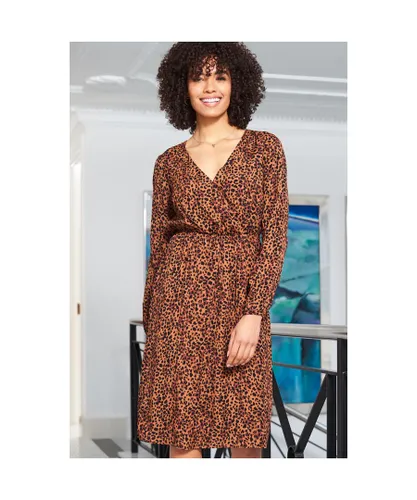 Sosandar Womens Leopard Print V Neck Stretch Waist Dress - Brown