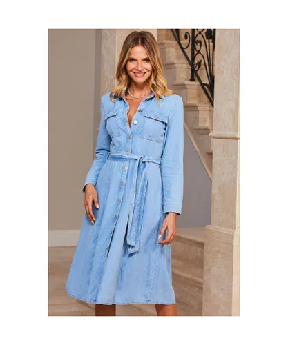 Sosandar Womens Light Wash Denim Midi Shirt Dress - Blue