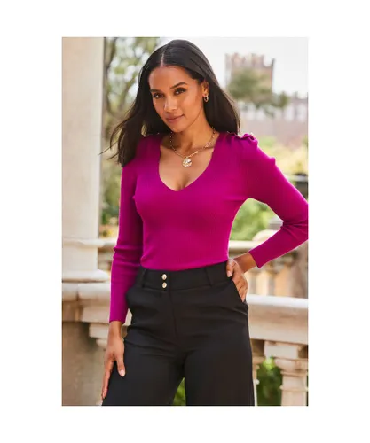 Sosandar Womens Magenta Fine Knit Jumper With Gold Button Shoulders - Pink Viscose