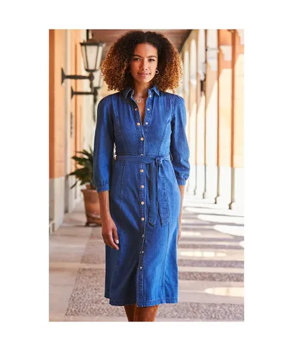 Sosandar Womens Mid Blue Popper Front Belted Denim Midi Dress