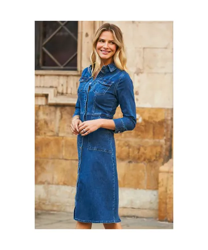 Sosandar Womens Mid Blue Popper Front Denim Midi Dress With Pockets Cotton